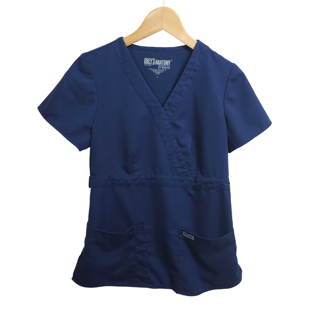 Grey's Anatomy by Barco Scrub Top Womens Small Navy Blue V-Neck Mock Wrap 4153‎